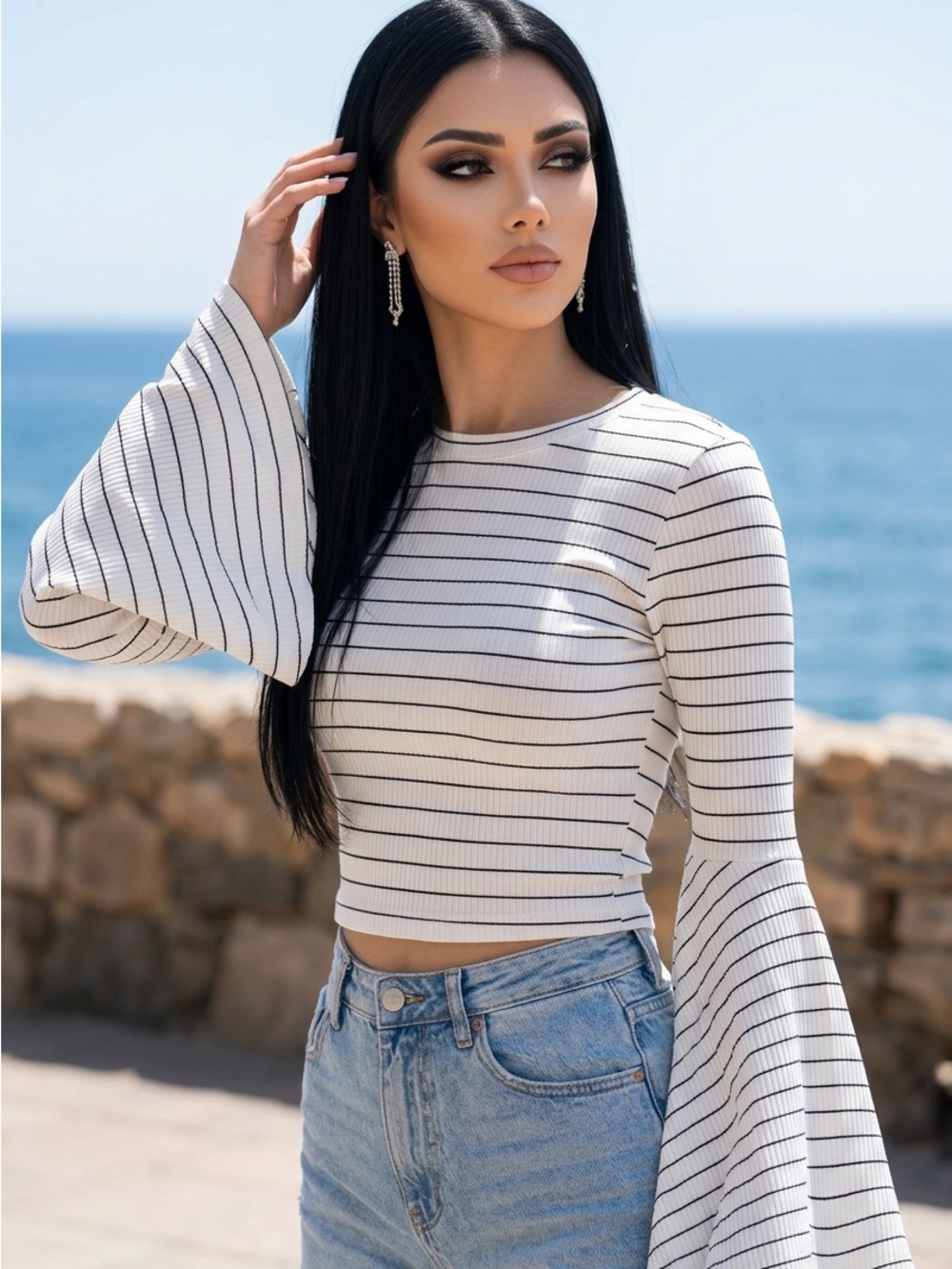 Audrey 3+1 White and Black Striped Bell-Sleeve Crop Top